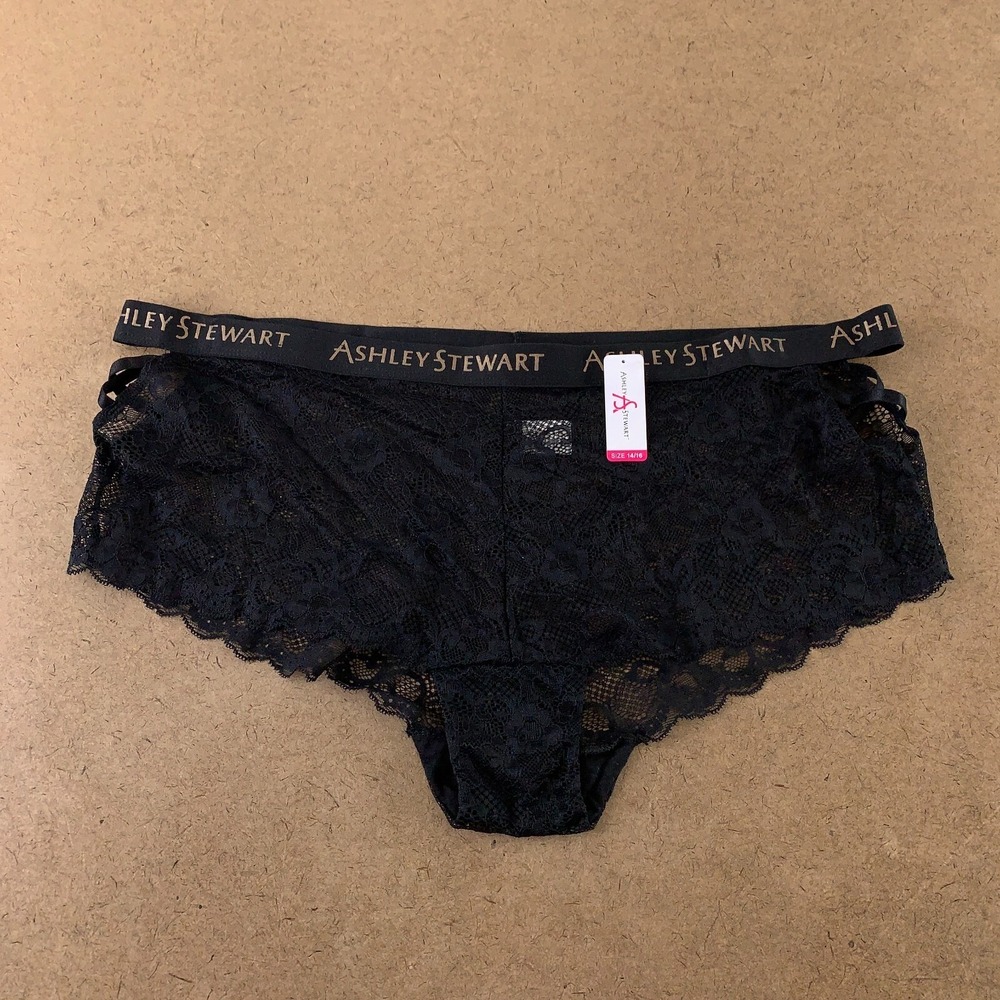 Ashley Stewart Women's Size 14/16 Black Lace Logo Hipster Panty NWT